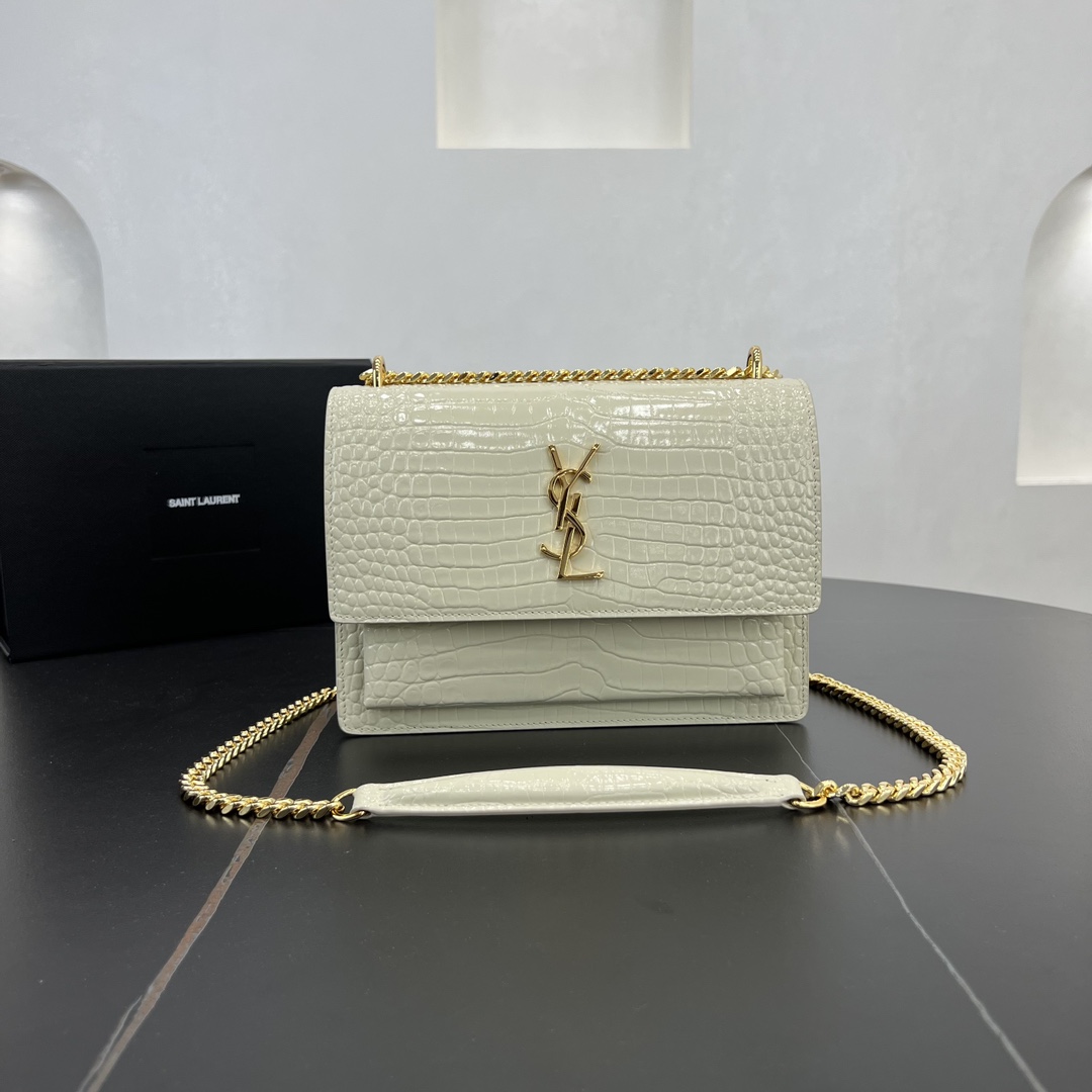 Saint Laurent Sunset Crocodile Embossed Calfskin Handbag Shoulder Bag White 442906 Gold